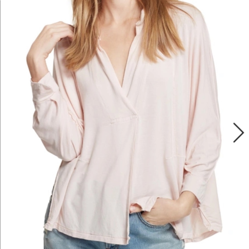 Free People Can’t Fool Me Long Sleeve V-Neck Shirt in Peach - Size Large
